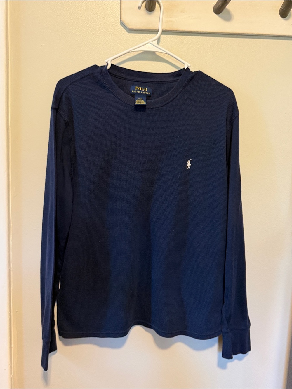 Polo by Ralph Lauren Navy Waffle-Knit Crewneck Top with White  Logo Tag
